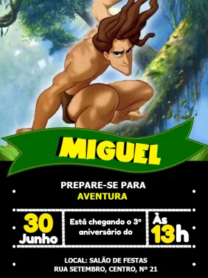 Convite Aniversário Tarzan: Aventura na Selva para Editar Online