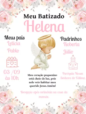 Convite de Batizado Anjinha com Flores Rosa para Editar Online