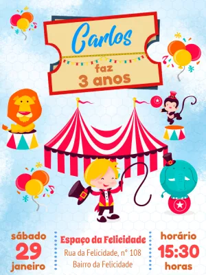 Convite Aniversário Circo com Animais para Editar Online