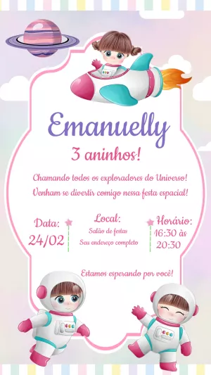 Convite de Aniversário Astronauta Menina para Editar Online