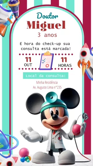Convite Aniversário Mickey Mouse Médico para Editar Online