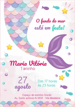 Convite Aniversário Sereia Fundo do Mar para Editar Online