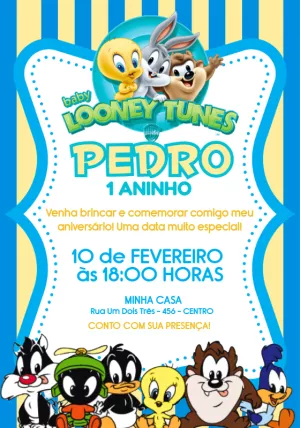 Convite de Aniversário Baby Looney Tunes para Editar Online