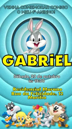 Convite Aniversário Looney Tunes Baby para Editar Online