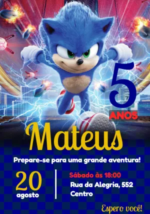 Convite Aniversário Sonic o Filme para Editar Online