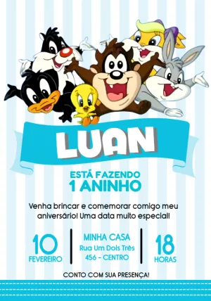 Convite Aniversário Baby Looney Tunes para Editar Online