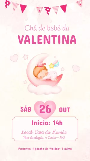 Convite Chá de Bebê Menina na Lua Rosa para Editar Online