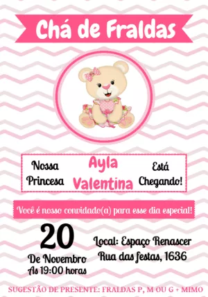 Convite Chá de Fraldas Ursinha Princesa Rosa para Editar Online