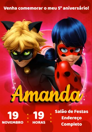 Convite de Aniversário Ladybug e Cat Noir para Editar Online