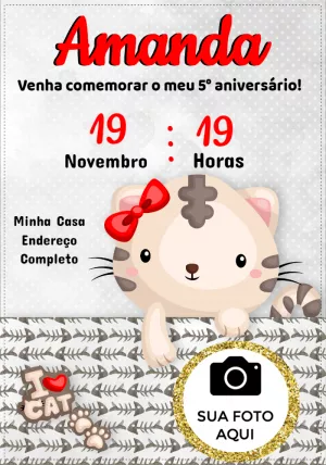 Convite de Aniversário Gatinho Fofo para Editar Online