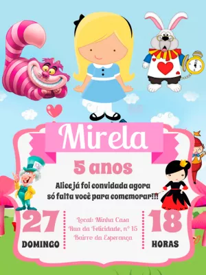Convite Aniversário Alice no País das Maravilhas para Editar