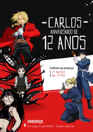 Convite de Aniversário Fullmetal Alchemist com Personagens para Editar