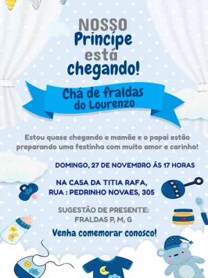 Convite Chá de Fraldas Ursinho Príncipe para Editar Online