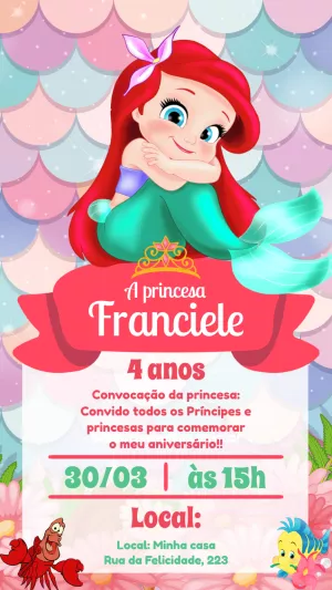 Convite Aniversário Sereia Ariel Baby para Editar Online