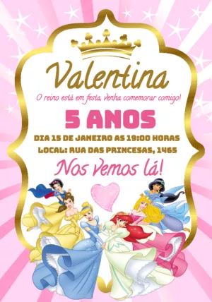 Convite de Aniversário Princesas Disney para Editar Online