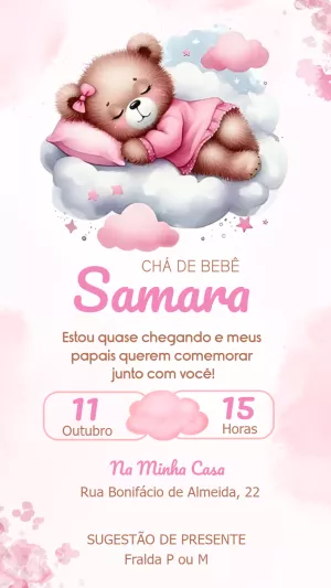 Convite Chá de Bebê Ursinha na Nuvem para Editar Online