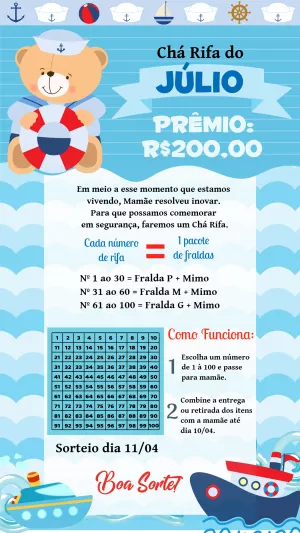 Chá Rifa Ursinho Marinheiro Editável para Enviar Online