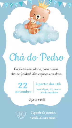 Convite Chá de Bebê Ursinho Príncipe Azul para Editar Online