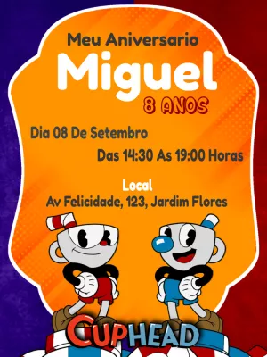 Convite de Aniversário Cuphead com Personagens para Editar