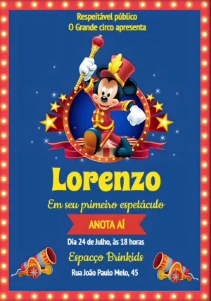 Convite Aniversário Circo do Mickey Mouse para Editar Online