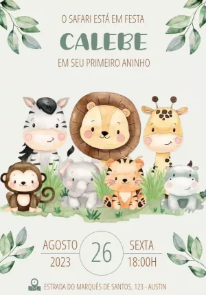 Convite de Aniversário Safari com Animais para Editar Online
