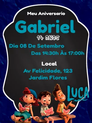 Convite de Aniversário Luca com Personagens para Editar Online