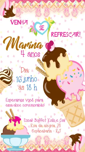 Convite de Aniversário Sorvete Doce e Fofo para Editar Online