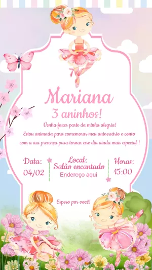 Convite de Aniversário Bailarina Aquarela para Editar Online