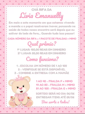 Convite Chá Rifa Ursinha Princesa para Editar Online