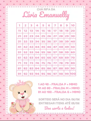 Chá Rifa Ursinha Princesa Editável Online para Imprimir