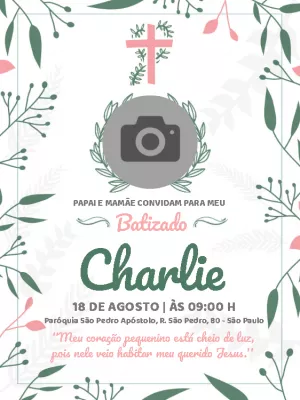 Convite de Batizado Floral com Foto para Editar Online