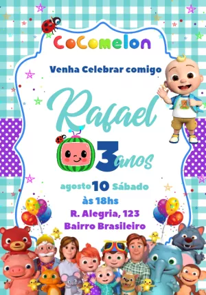 Convite Aniversário Cocomelon com Personagens para Editar Online