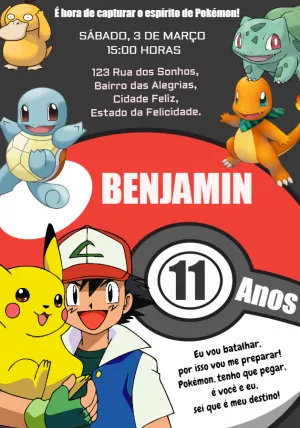 Convite de Aniversário Pokémon com Personagens para Editar Online