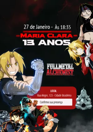 Convite de Aniversário Fullmetal Alchemist com Personagens para Editar