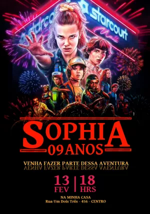 Convite Aniversário Stranger Things com Personagens para Editar