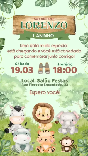 Convite Aniversário Safari com Animais Fofos para Editar Online