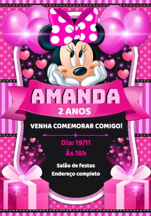 Convite Aniversário Minnie Mouse Rosa para Editar Online