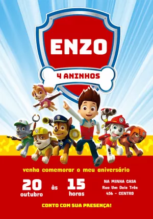 Convite Aniversário Patrulha Canina com Personagens para Editar