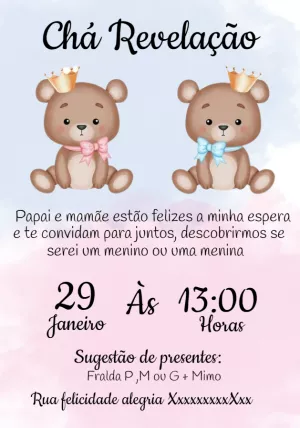 Convite Chá Revelação Ursinhos Realeza Editável Online