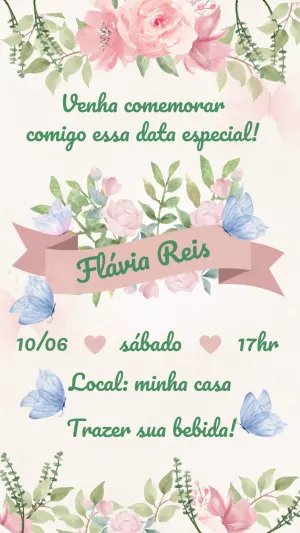 Convite de Aniversário Floral com Borboletas para Editar Online