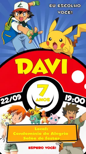 Convite de Aniversário Pokémon com Personagens para Editar Online