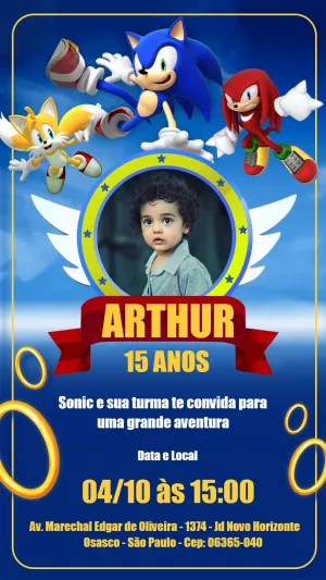 Convite Aniversário Sonic com Foto para Editar Online