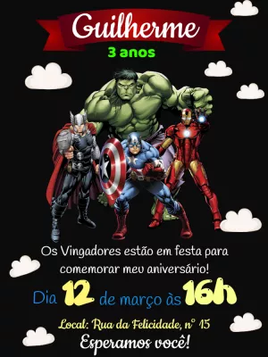 Convite de Aniversário Os Vingadores com Heróis para Editar Online