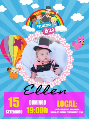 Convite Aniversário Mundo Bita com Foto para Editar Online