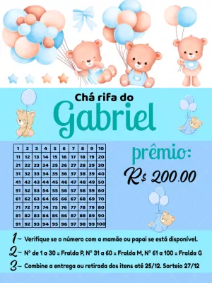 Convite Chá Rifa Ursinho Baloeiro para Editar Online