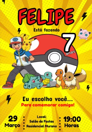 Convite de Aniversário Pokémon com Personagens para Editar Online