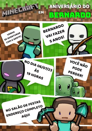 Convite de Aniversário Minecraft Estilo Quadrinhos para Editar