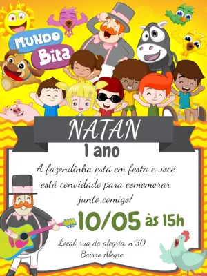 Convite de Aniversário Mundo Bita Fazendinha para Editar