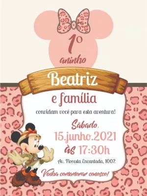 Convite Aniversário Minnie Safari Rosa Editável Online