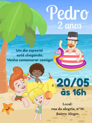 Convite Aniversário Mundo Bita na Praia para Editar Online